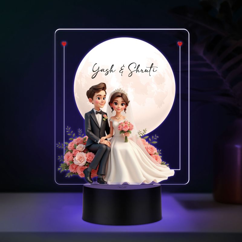Personalized Wedding Couple LED Night Light with Moon and Roses, Color Changing Acrylic Lamp with Black Base Wedding Gift for Friends Customized Gifts for Couple